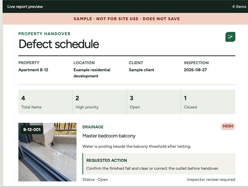 Actual SnagAction app showing a photo, location and requested repair together in the report preview